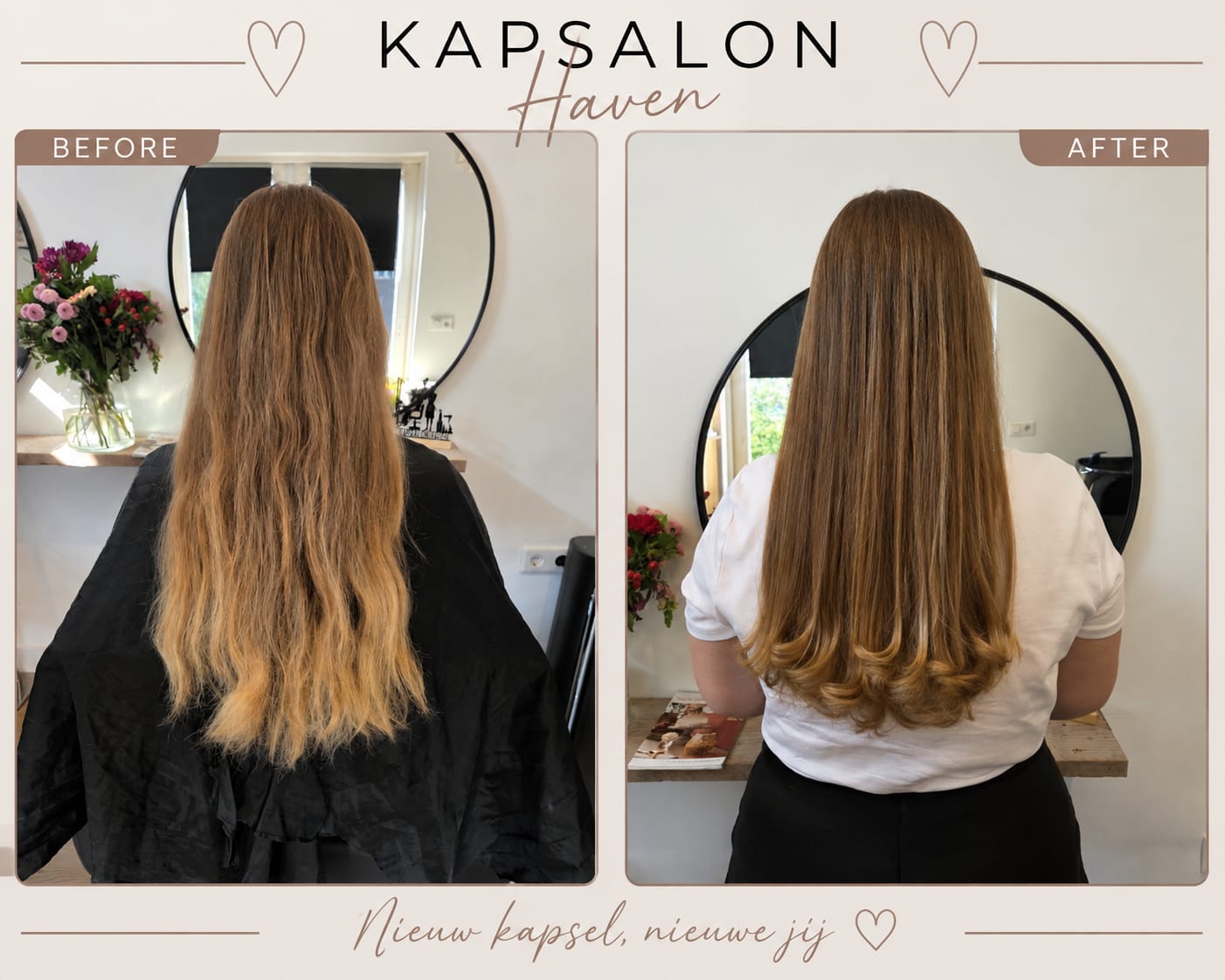 Before en after van lang golvend haar met nieuwe coupe