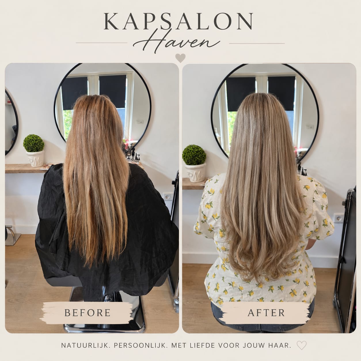 Before en after van lang blond haar